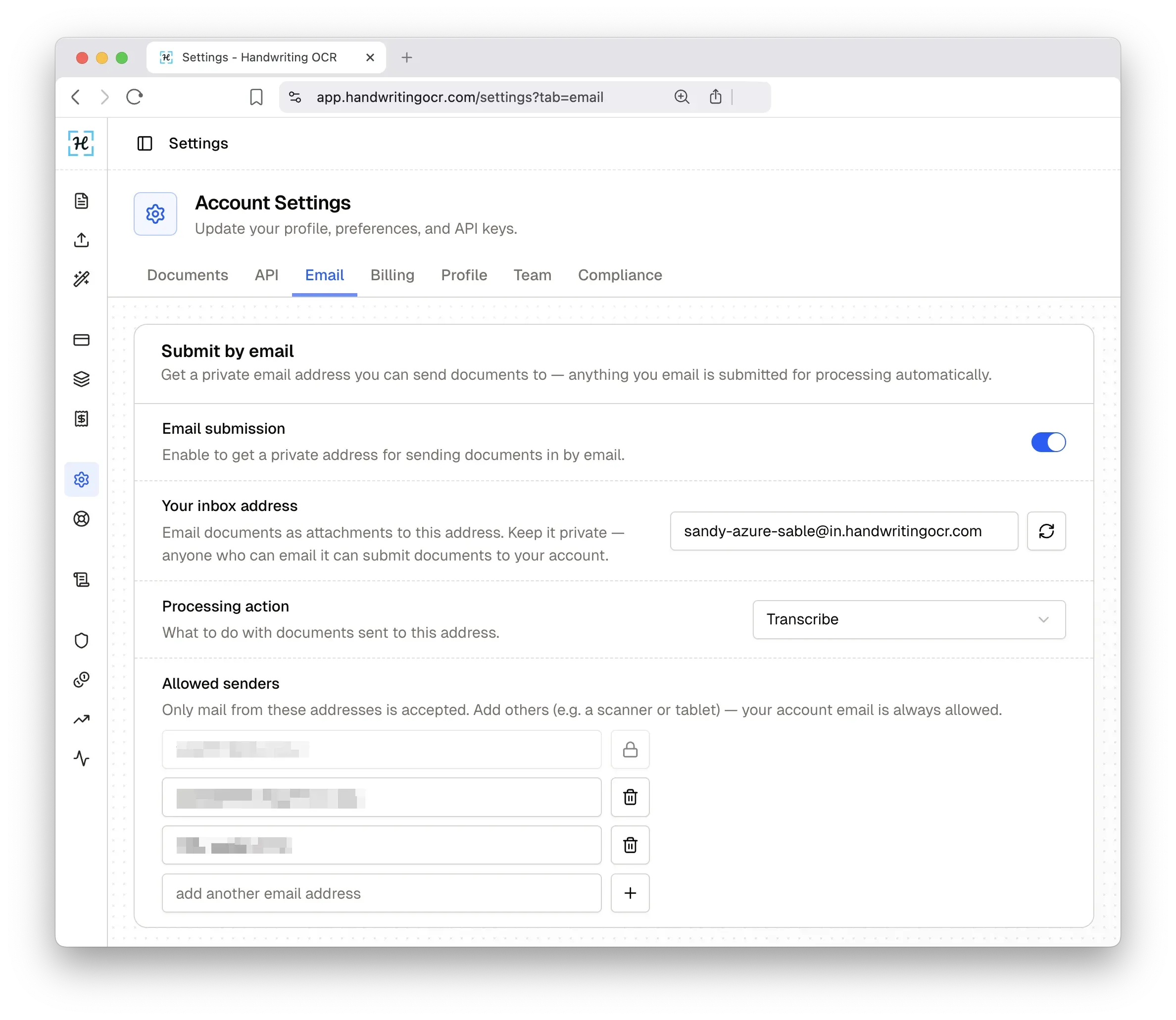 The email submission settings in Handwriting OCR: enable the inbox, copy your private @in.handwritingocr.com address, choose the processing action, and add your allowed senders.