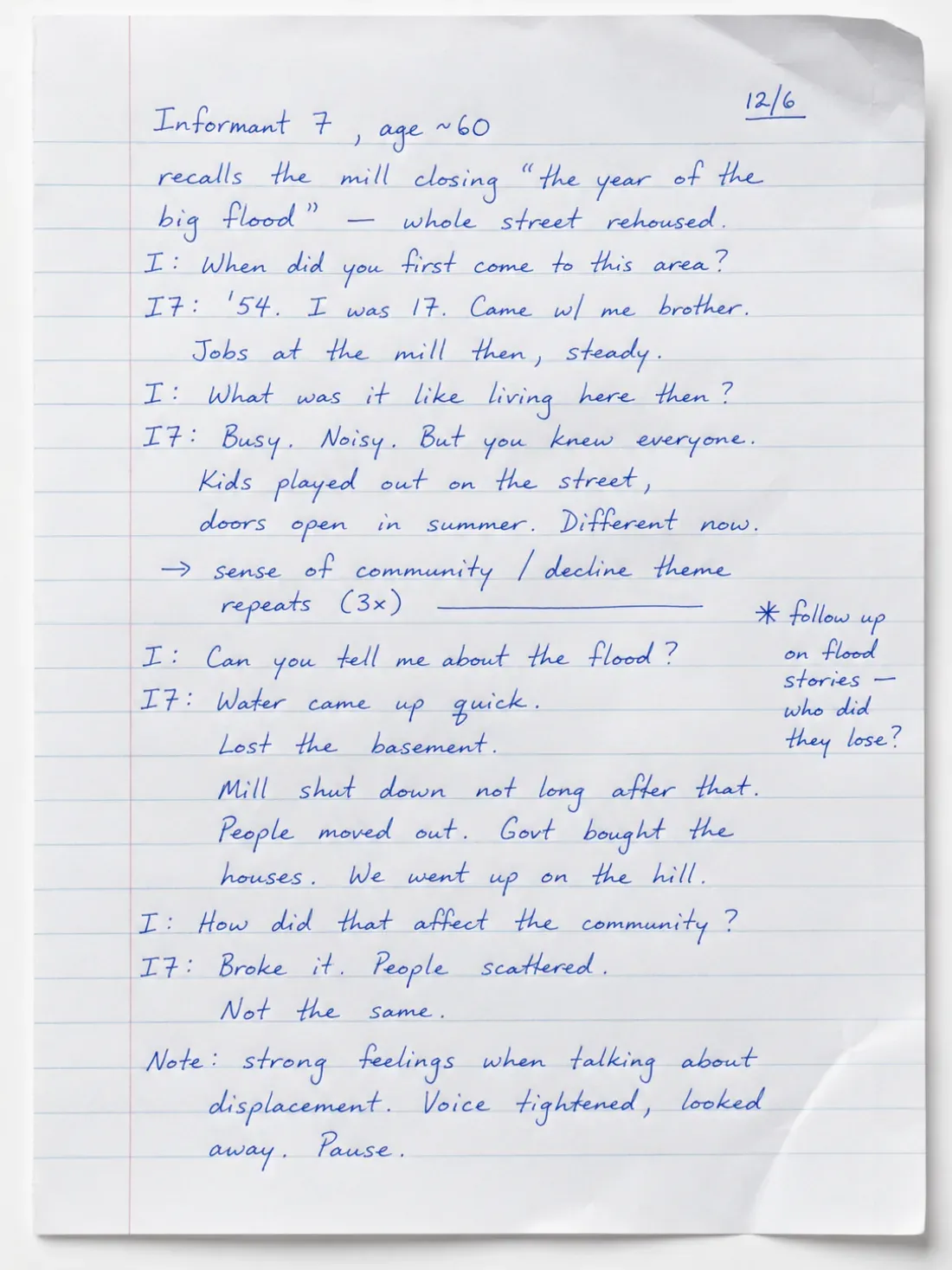 Handwritten qualitative research interview notes
