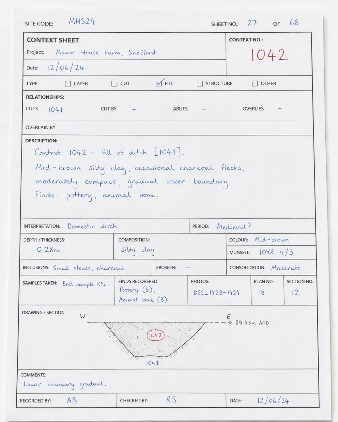 A handwritten field site recording sheet