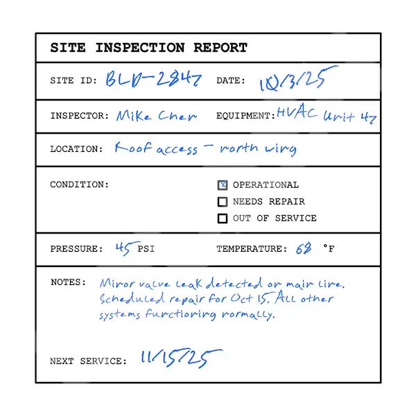 Handwritten site inspection report