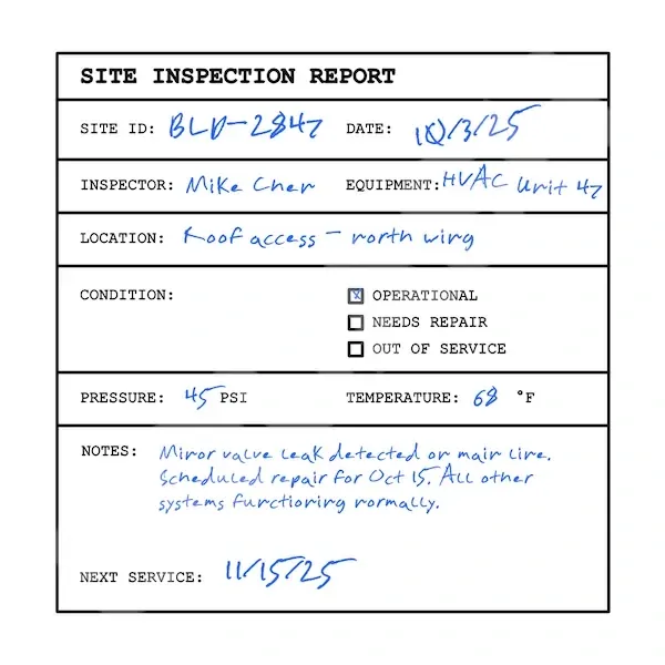 Handwritten site inspection report