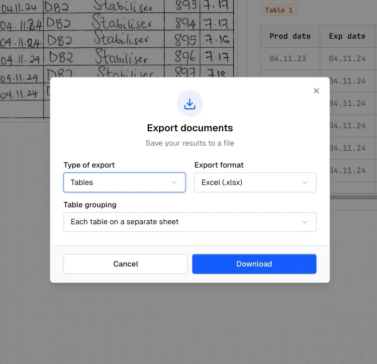Handwriting OCR exporting a handwritten table straight to Excel (.xlsx).