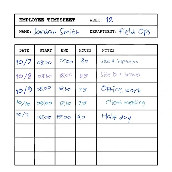 Handwritten timesheet