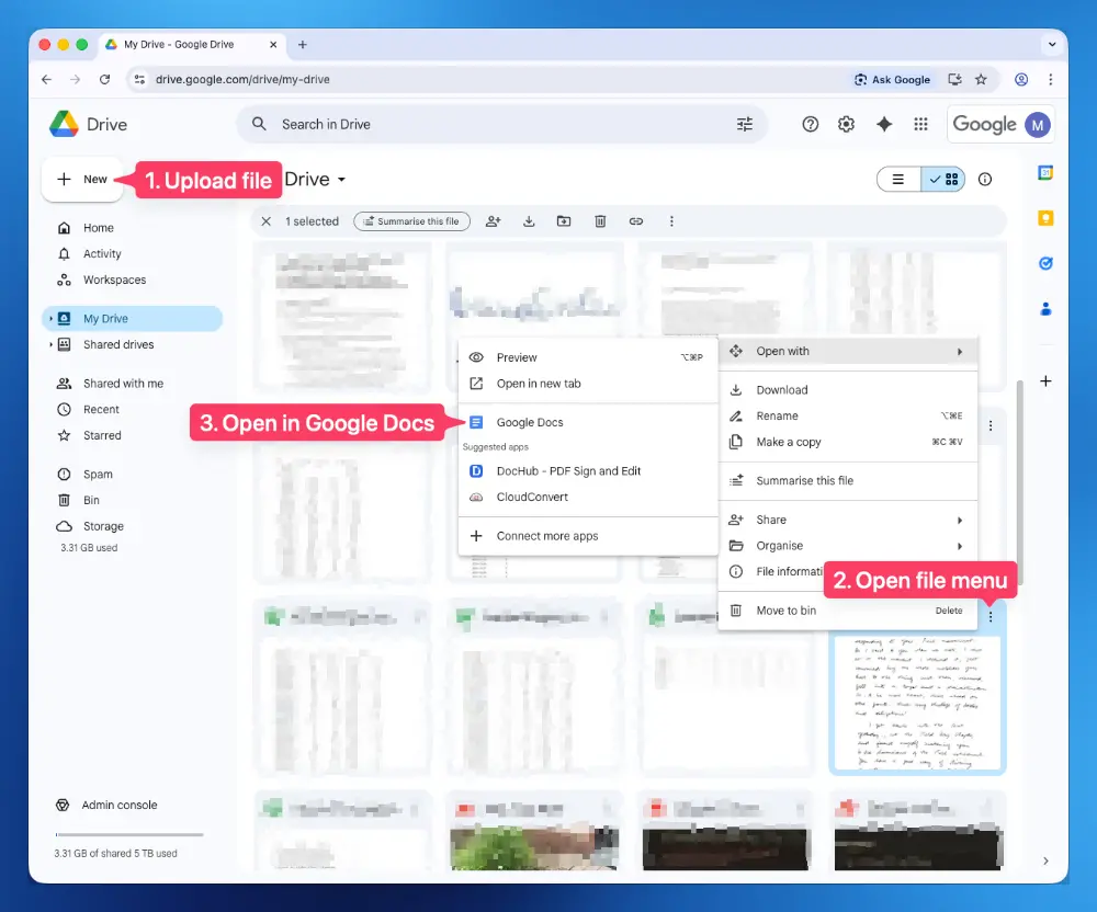 You can open a handwritten document directly from Google Drive Open a handwritten document from Google Drive