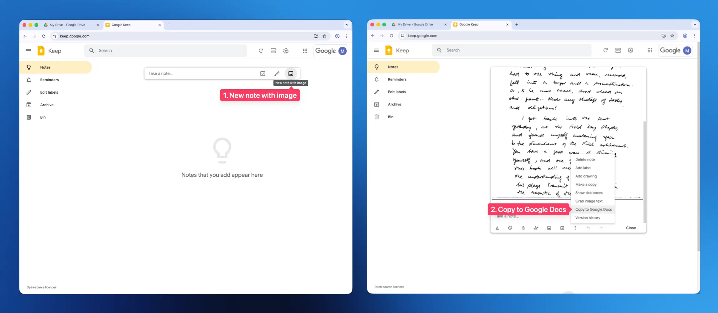 Converting a handwritten document in Google Keep's web version Convert a handwritten document in Google Keep