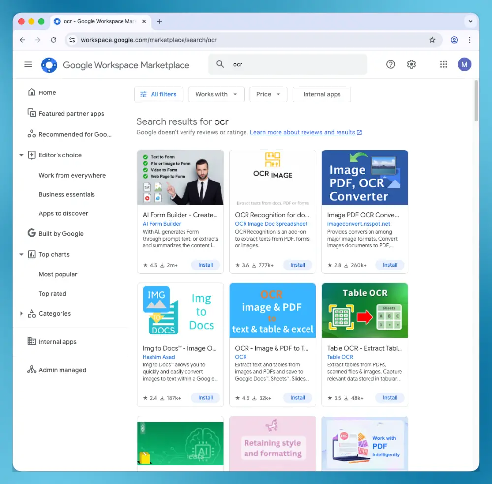 Google's Workspace Marketplace offers OCR extensions Google's Workspace Marketplace offers many OCR extensions