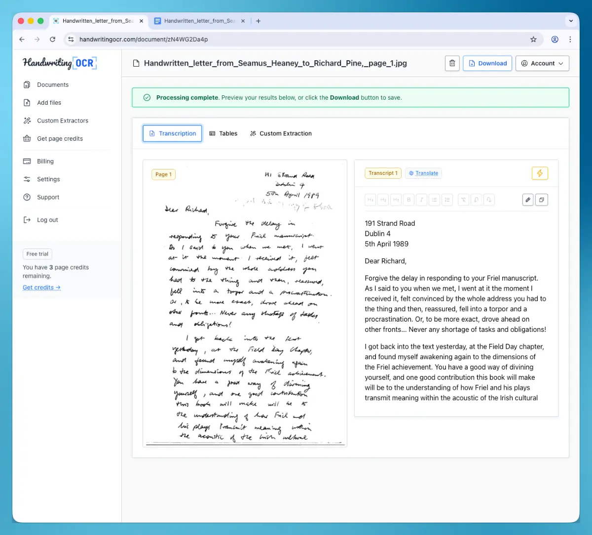 Handwriting OCR converts handwriting with maximum accuracy and can be exported to Google Docs