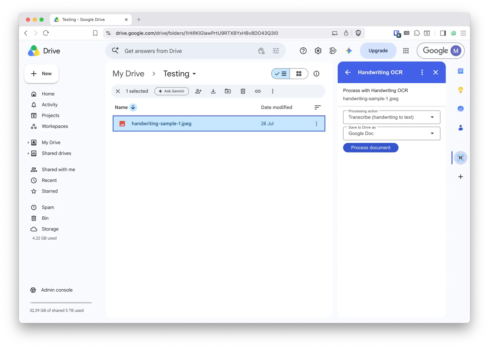 Selecting a scanned file in Google Drive and processing it with the Handwriting OCR add-on The Handwriting OCR add-on in the Google Drive sidebar